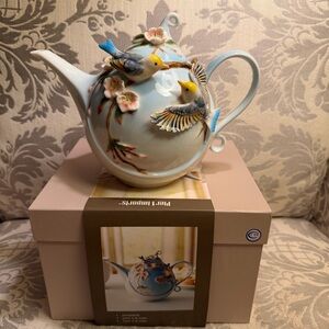Pier 1 Import 3D Bird Flower Teapot Hand Painted Porcelain 7" with Box
